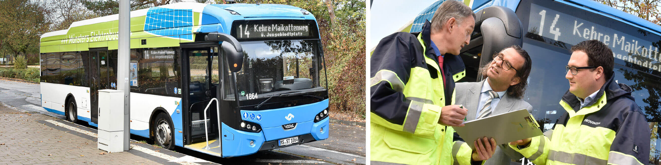 Drei Männer im Gespräch stehen vor einem Bus