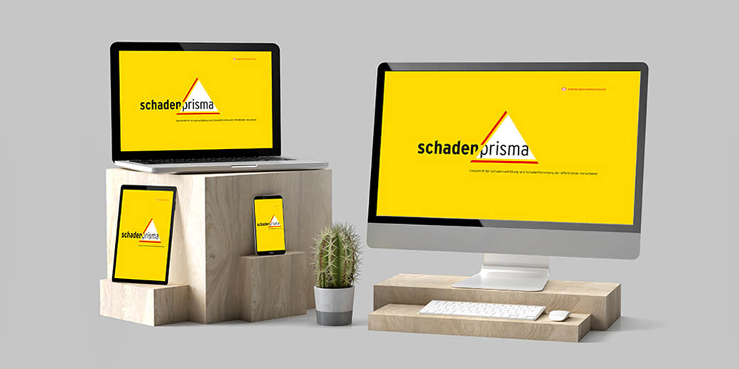 Mehrere Geräte von Handy bis PC zeigen das Logo des "Schaden-Prisma".