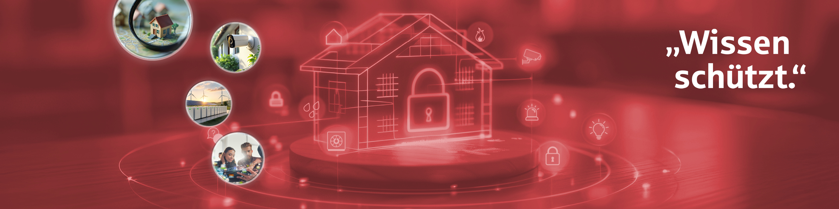 Ein stilisiertes Haus mit einem Schloss ist zu sehen.